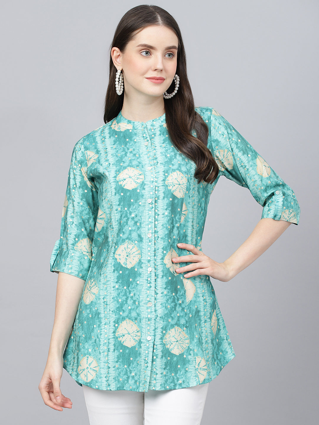 Women Sea Green Abstract Printed Modal A-Line Shirts Style Top | LASVINI - Redefining Indian Fashion with Elegance