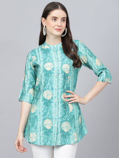 Women Sea Green Abstract Printed Modal A-Line Shirts Style Top | LASVINI - Redefining Indian Fashion with Elegance