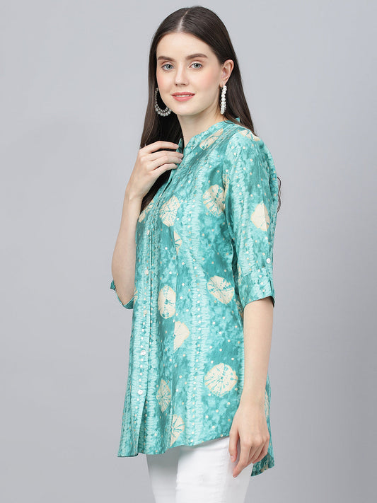 Women Sea Green Abstract Printed Modal A-Line Shirts Style Top | LASVINI - Redefining Indian Fashion with Elegance