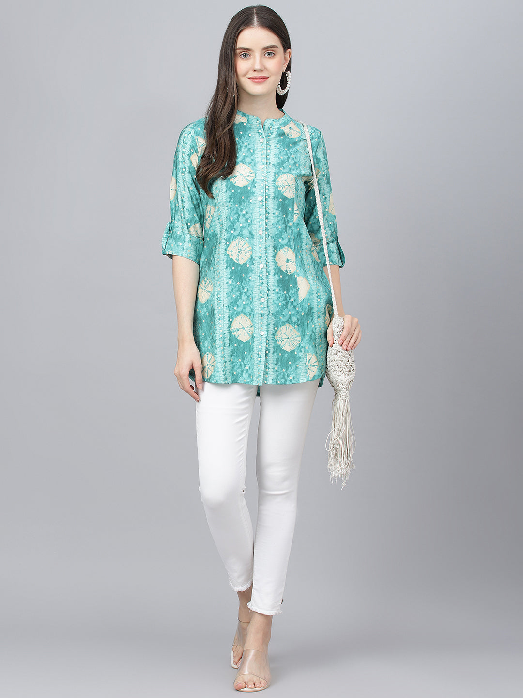 Women Sea Green Abstract Printed Modal A-Line Shirts Style Top | LASVINI - Redefining Indian Fashion with Elegance