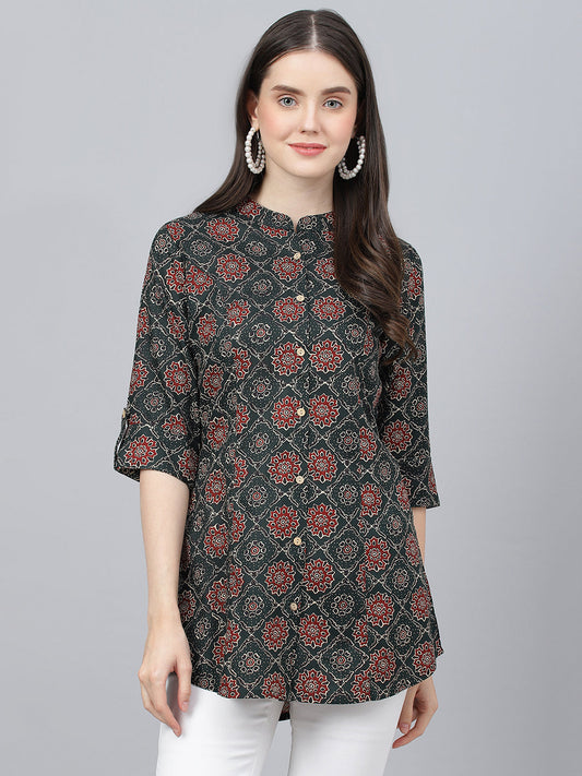 Women Black Abstract Printed Rayon A-Line Shirts Style Top | LASVINI - Redefining Indian Fashion with Elegance