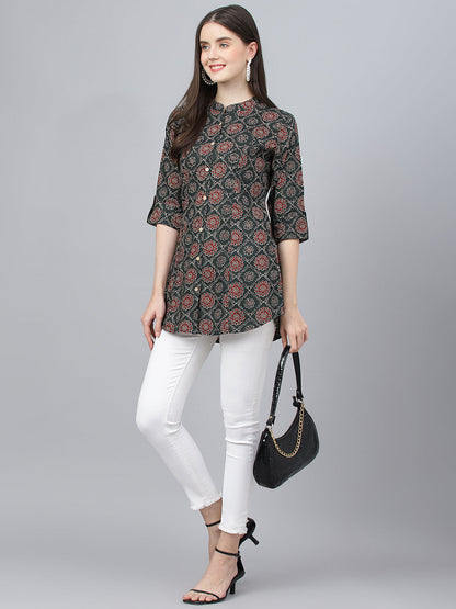 Women Black Abstract Printed Rayon A-Line Shirts Style Top | LASVINI - Redefining Indian Fashion with Elegance
