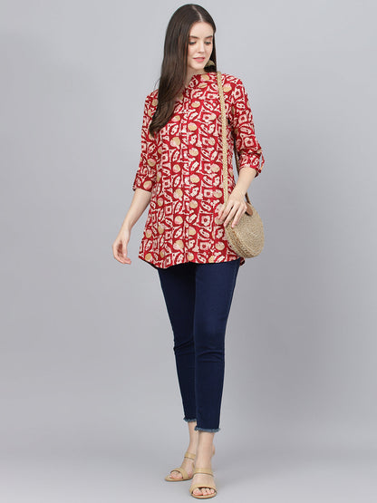 Women Red Abstract Printed Rayon A-Line Shirts Style Top | LASVINI - Redefining Indian Fashion with Elegance