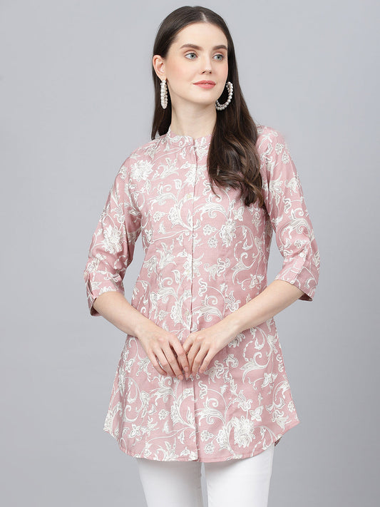 Women Dusty Pink Floral Printed Modal A-Line Shirts Style Top | LASVINI - Redefining Indian Fashion with Elegance