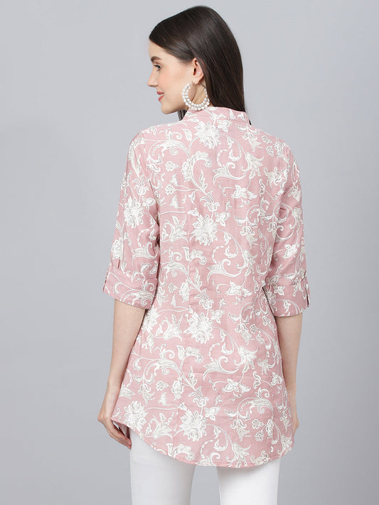 Women Dusty Pink Floral Printed Modal A-Line Shirts Style Top | LASVINI - Redefining Indian Fashion with Elegance