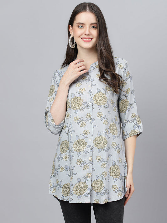 Women Dusty Blue Floral Printed Rayon A-Line Shirts Style Top | LASVINI - Redefining Indian Fashion with Elegance