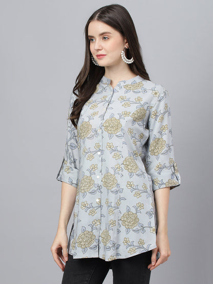 Women Dusty Blue Floral Printed Rayon A-Line Shirts Style Top | LASVINI - Redefining Indian Fashion with Elegance