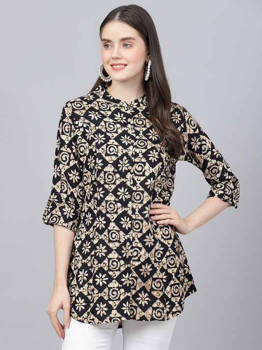 Women Black Floral Printed Rayon A-Line Shirts Style Top | LASVINI - Redefining Indian Fashion with Elegance