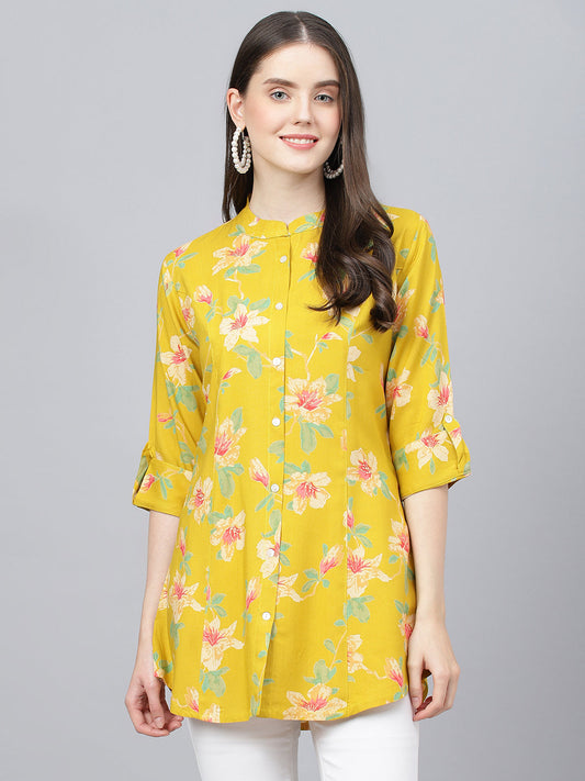 Women Yellow Floral Printed Rayon A-Line Shirts Style Top | LASVINI - Redefining Indian Fashion with Elegance