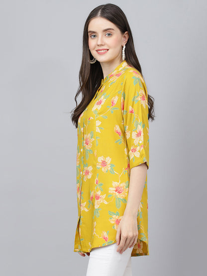 Women Yellow Floral Printed Rayon A-Line Shirts Style Top | LASVINI - Redefining Indian Fashion with Elegance