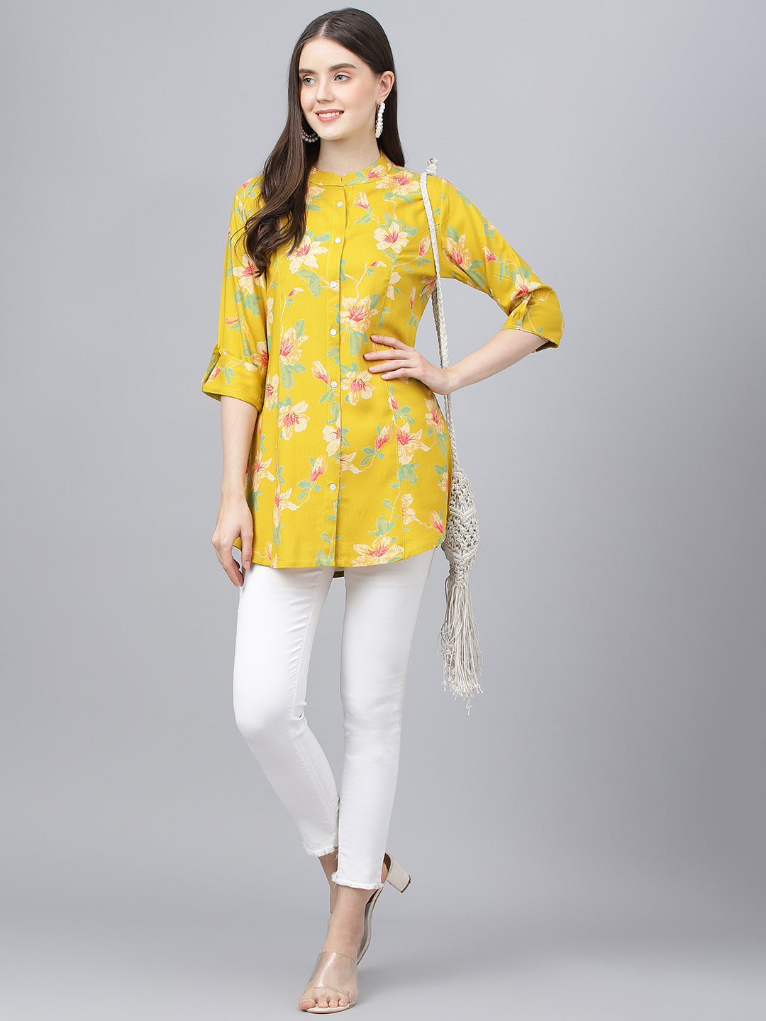 Women Yellow Floral Printed Rayon A-Line Shirts Style Top | LASVINI - Redefining Indian Fashion with Elegance