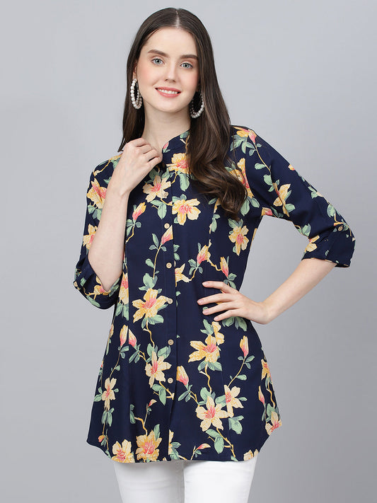 Women Navy Blue Floral Printed Rayon A-Line Shirts Style Top | LASVINI - Redefining Indian Fashion with Elegance