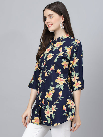 Women Navy Blue Floral Printed Rayon A-Line Shirts Style Top | LASVINI - Redefining Indian Fashion with Elegance
