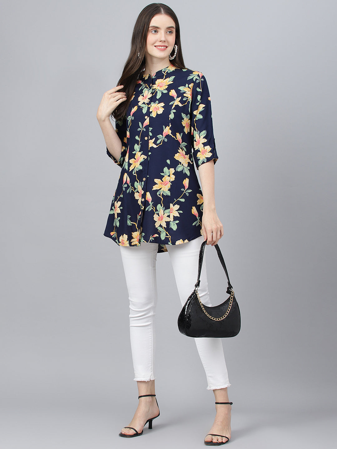 Women Navy Blue Floral Printed Rayon A-Line Shirts Style Top | LASVINI - Redefining Indian Fashion with Elegance