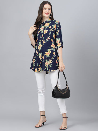 Women Navy Blue Floral Printed Rayon A-Line Shirts Style Top | LASVINI - Redefining Indian Fashion with Elegance