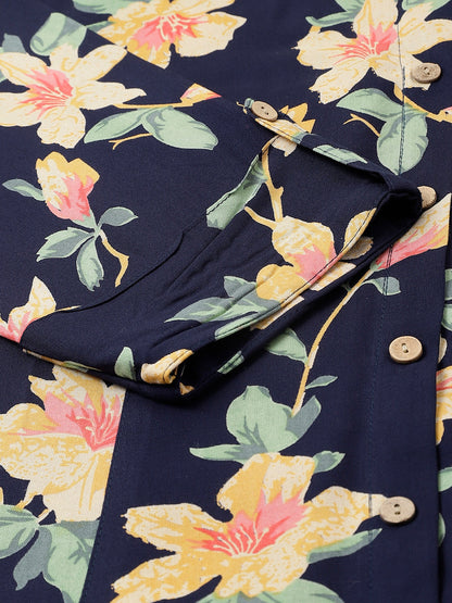 Women Navy Blue Floral Printed Rayon A-Line Shirts Style Top | LASVINI - Redefining Indian Fashion with Elegance