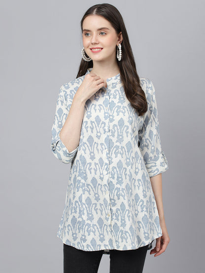 Women Off White Abstract Printed Rayon A-Line Shirts Style Top | LASVINI - Redefining Indian Fashion with Elegance