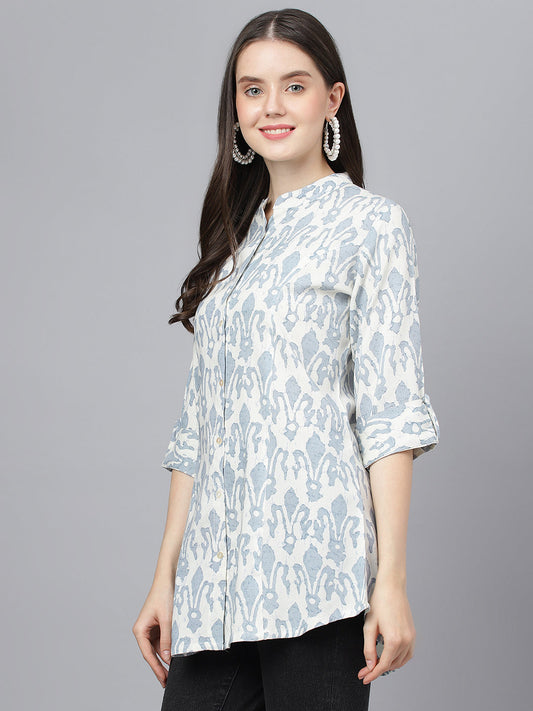 Women Off White Abstract Printed Rayon A-Line Shirts Style Top | LASVINI - Redefining Indian Fashion with Elegance