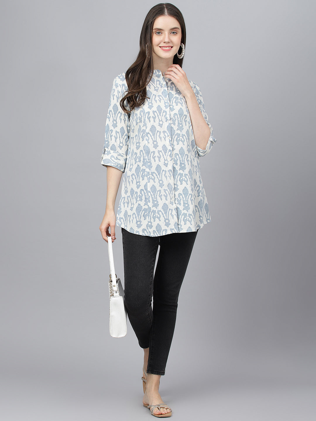 Women Off White Abstract Printed Rayon A-Line Shirts Style Top | LASVINI - Redefining Indian Fashion with Elegance