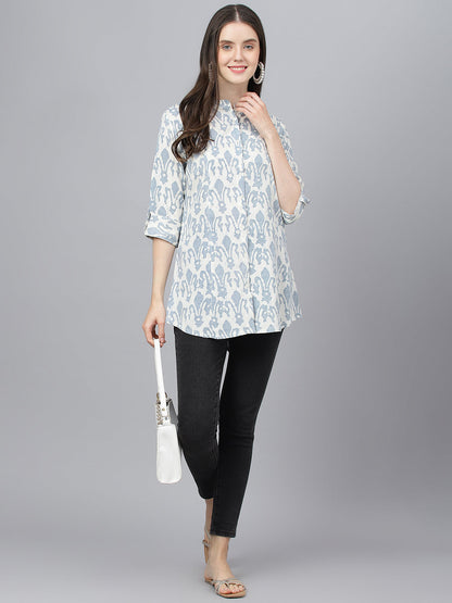 Women Off White Abstract Printed Rayon A-Line Shirts Style Top | LASVINI - Redefining Indian Fashion with Elegance