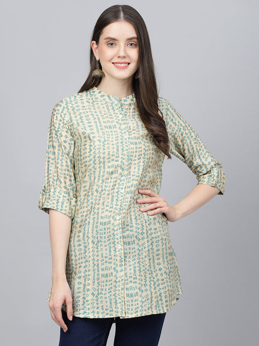 Women Cream Abstract Printed Modal A-Line Shirts Style Top | LASVINI - Redefining Indian Fashion with Elegance