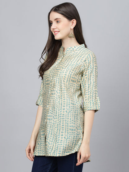 Women Cream Abstract Printed Modal A-Line Shirts Style Top | LASVINI - Redefining Indian Fashion with Elegance