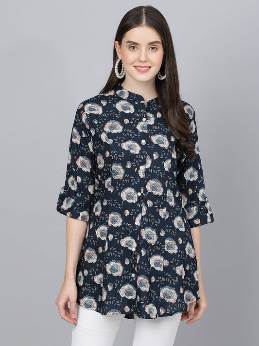 Women Blue Floral Printed Rayon A-Line Shirts Style Top | LASVINI - Redefining Indian Fashion with Elegance