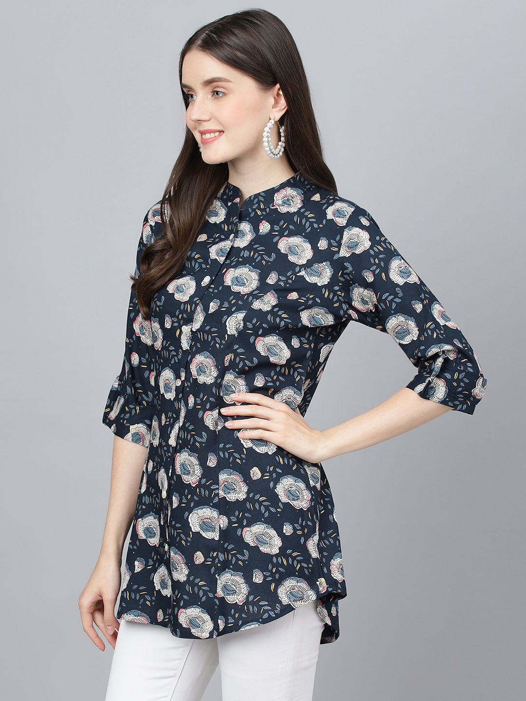 Women Blue Floral Printed Rayon A-Line Shirts Style Top | LASVINI - Redefining Indian Fashion with Elegance