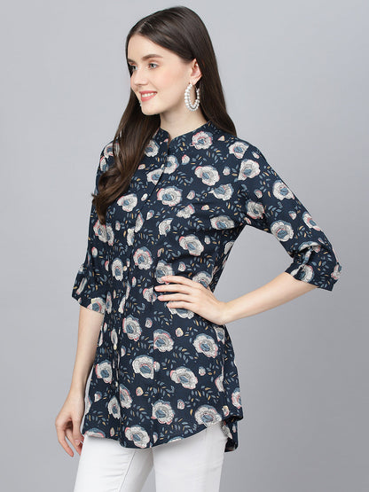 Women Blue Floral Printed Rayon A-Line Shirts Style Top | LASVINI - Redefining Indian Fashion with Elegance