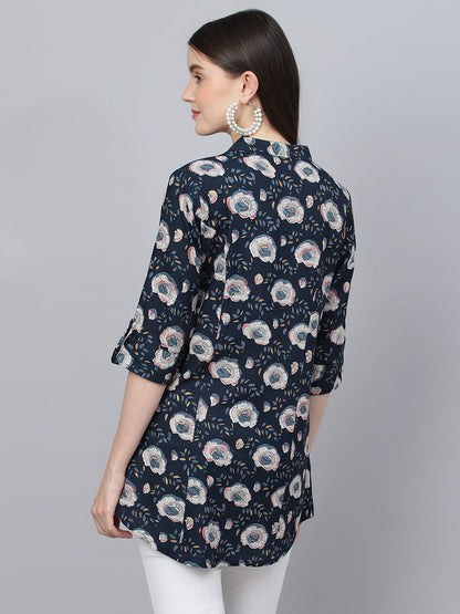 Women Blue Floral Printed Rayon A-Line Shirts Style Top | LASVINI - Redefining Indian Fashion with Elegance