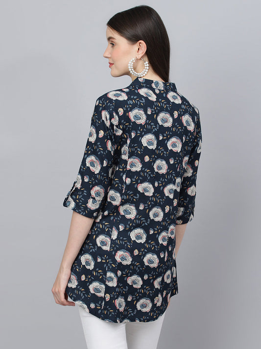 Women Blue Floral Printed Rayon A-Line Shirts Style Top | LASVINI - Redefining Indian Fashion with Elegance