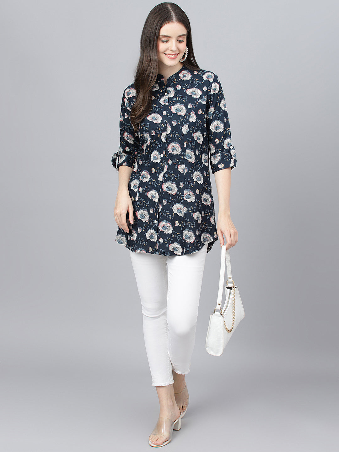 Women Blue Floral Printed Rayon A-Line Shirts Style Top | LASVINI - Redefining Indian Fashion with Elegance