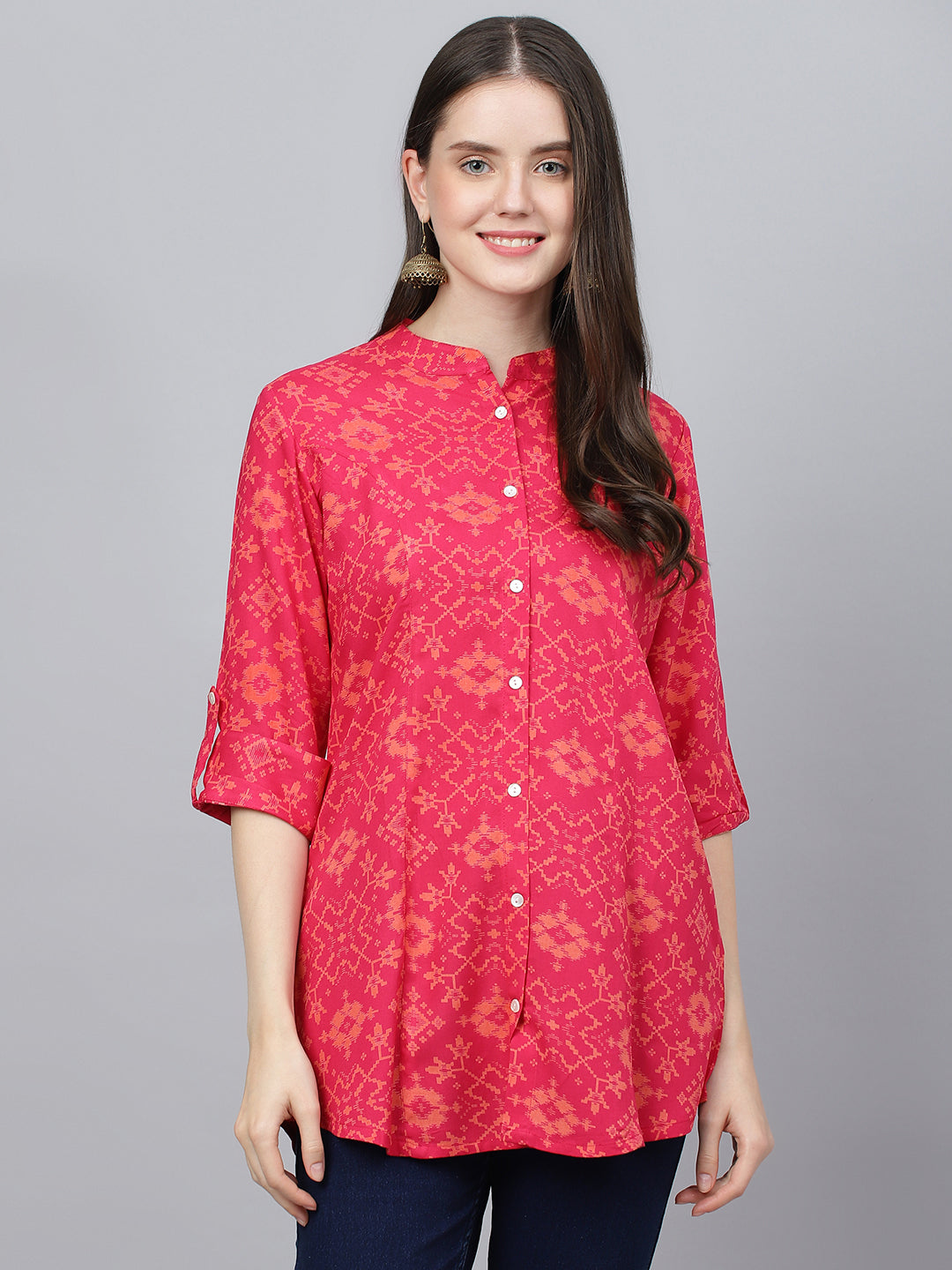 Women Pink Abstract Printed Rayon A-Line Shirts Style Top | LASVINI - Redefining Indian Fashion with Elegance