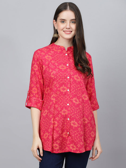 Women Pink Abstract Printed Rayon A-Line Shirts Style Top | LASVINI - Redefining Indian Fashion with Elegance