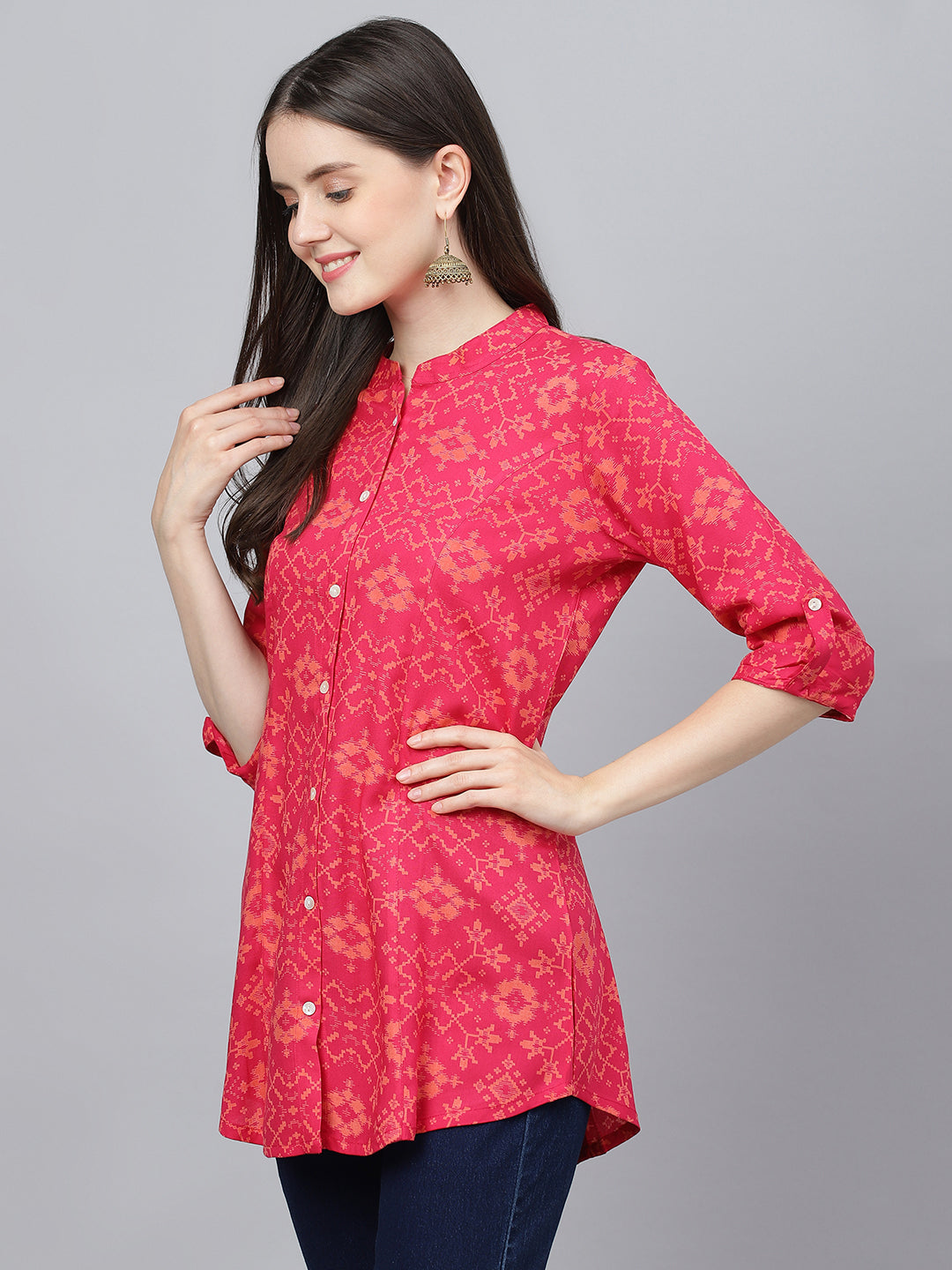 Women Pink Abstract Printed Rayon A-Line Shirts Style Top | LASVINI - Redefining Indian Fashion with Elegance