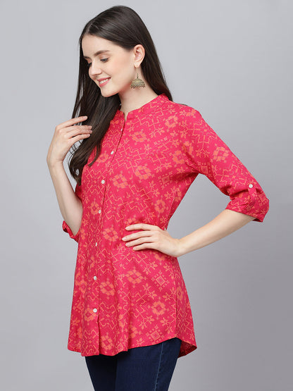 Women Pink Abstract Printed Rayon A-Line Shirts Style Top | LASVINI - Redefining Indian Fashion with Elegance