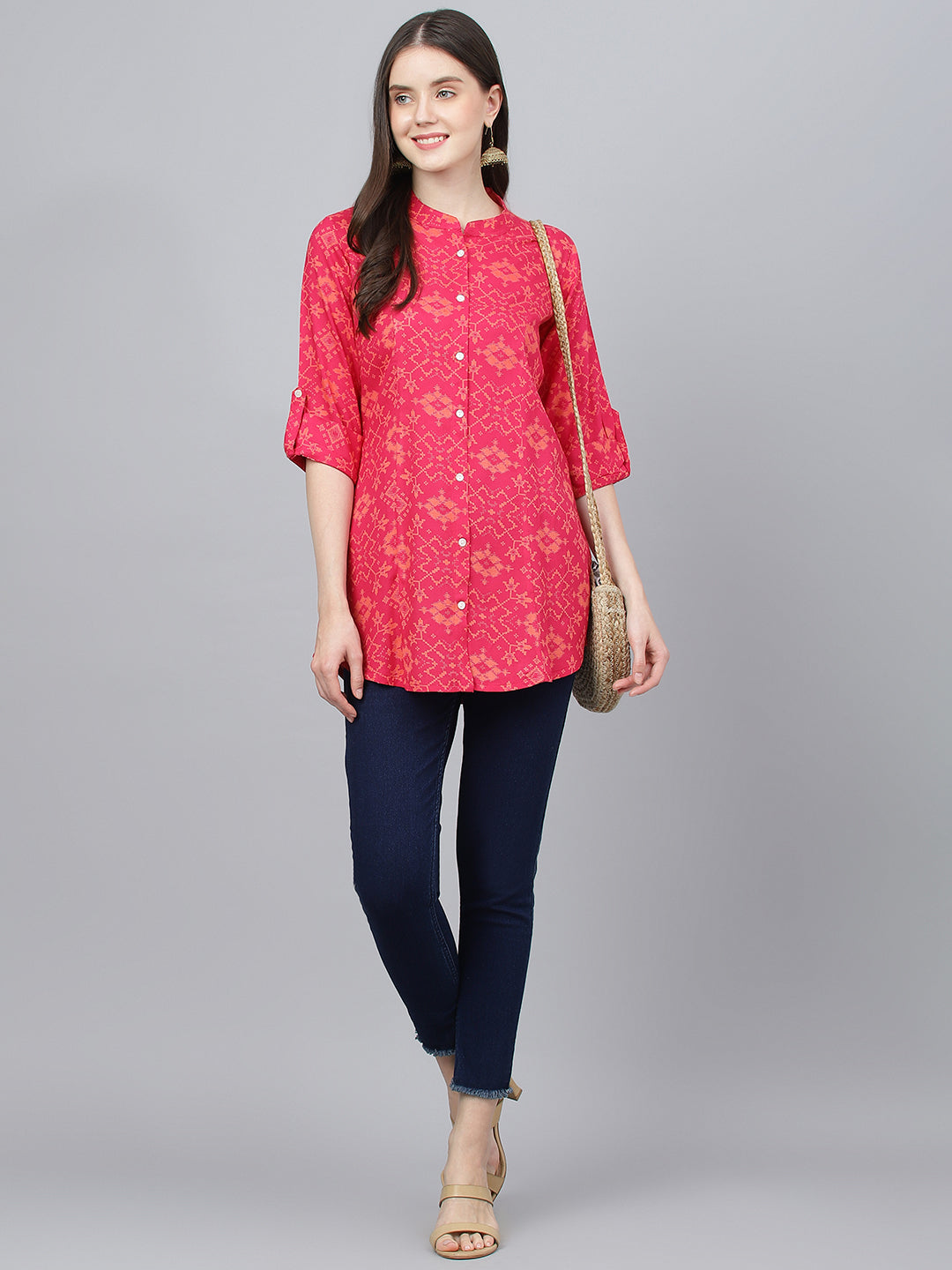 Women Pink Abstract Printed Rayon A-Line Shirts Style Top | LASVINI - Redefining Indian Fashion with Elegance