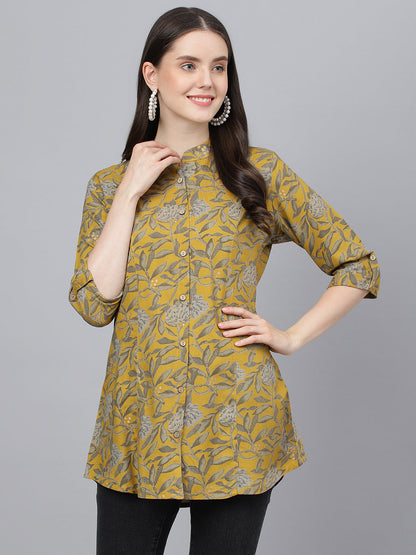 Women Mustard Floral Printed Rayon A-Line Shirts Style Top | LASVINI - Redefining Indian Fashion with Elegance