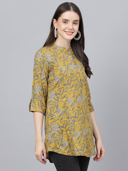 Women Mustard Floral Printed Rayon A-Line Shirts Style Top | LASVINI - Redefining Indian Fashion with Elegance