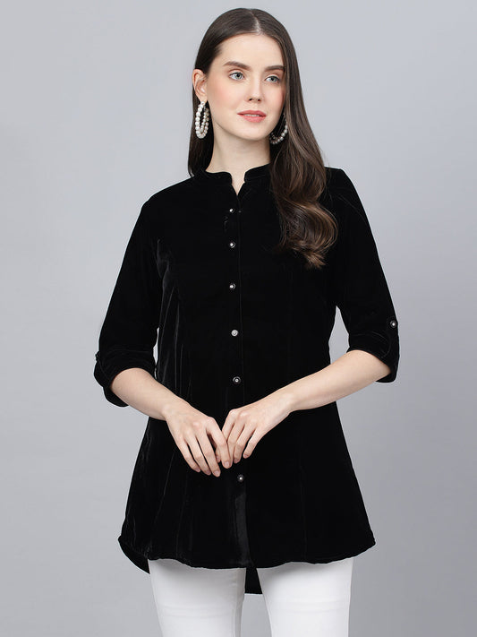 Women Black Solid Velvet A-Line Shirts Style Top | LASVINI - Redefining Indian Fashion with Elegance