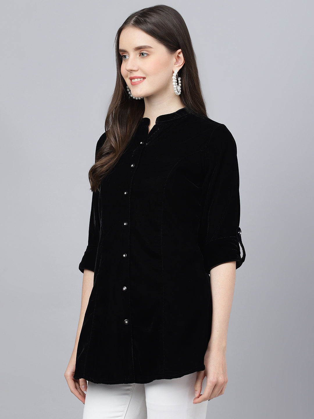 Women Black Solid Velvet A-Line Shirts Style Top | LASVINI - Redefining Indian Fashion with Elegance