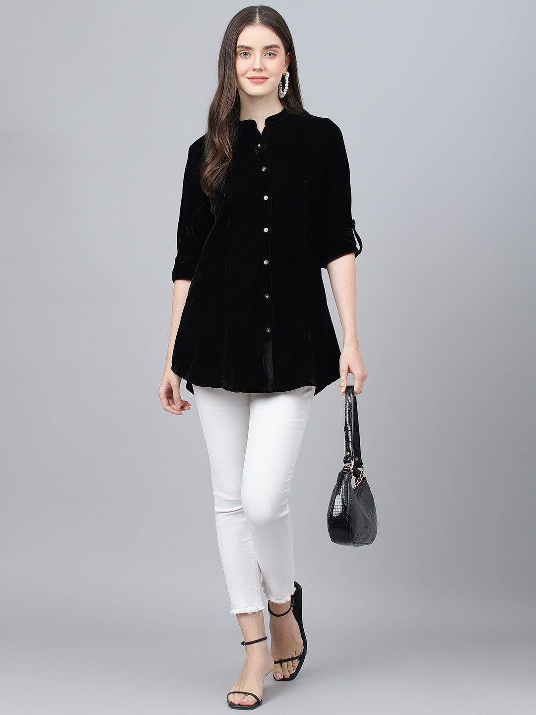 Women Black Solid Velvet A-Line Shirts Style Top | LASVINI - Redefining Indian Fashion with Elegance