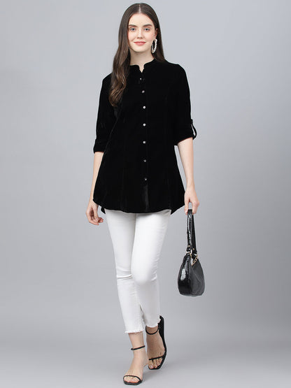Women Black Solid Velvet A-Line Shirts Style Top | LASVINI - Redefining Indian Fashion with Elegance