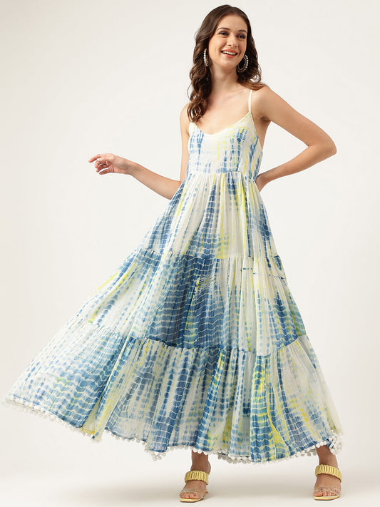 Blue Tie And Dye Dyed With Pom-Pom Detail Maxi Dress | LASVINI - Redefining Indian Fashion with Elegance
