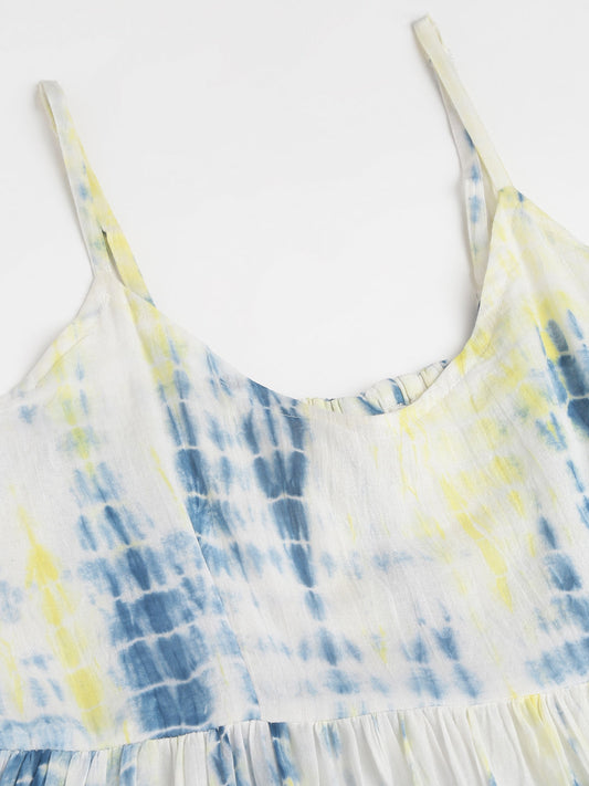 Blue Tie And Dye Dyed With Pom-Pom Detail Maxi Dress | LASVINI - Redefining Indian Fashion with Elegance