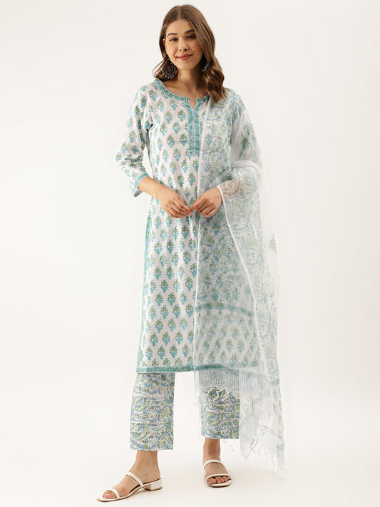 Women White Sea Blue Handblock Floral Printed Cotton Kurta Set With Kota Doria Dupatta | LASVINI - Redefining Indian Fashion with Elegance