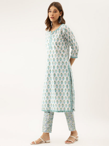 Women White Sea Blue Handblock Floral Printed Cotton Kurta Set With Kota Doria Dupatta | LASVINI - Redefining Indian Fashion with Elegance