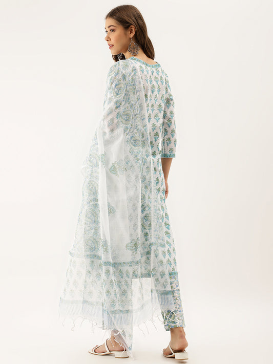 Women White Sea Blue Handblock Floral Printed Cotton Kurta Set With Kota Doria Dupatta | LASVINI - Redefining Indian Fashion with Elegance