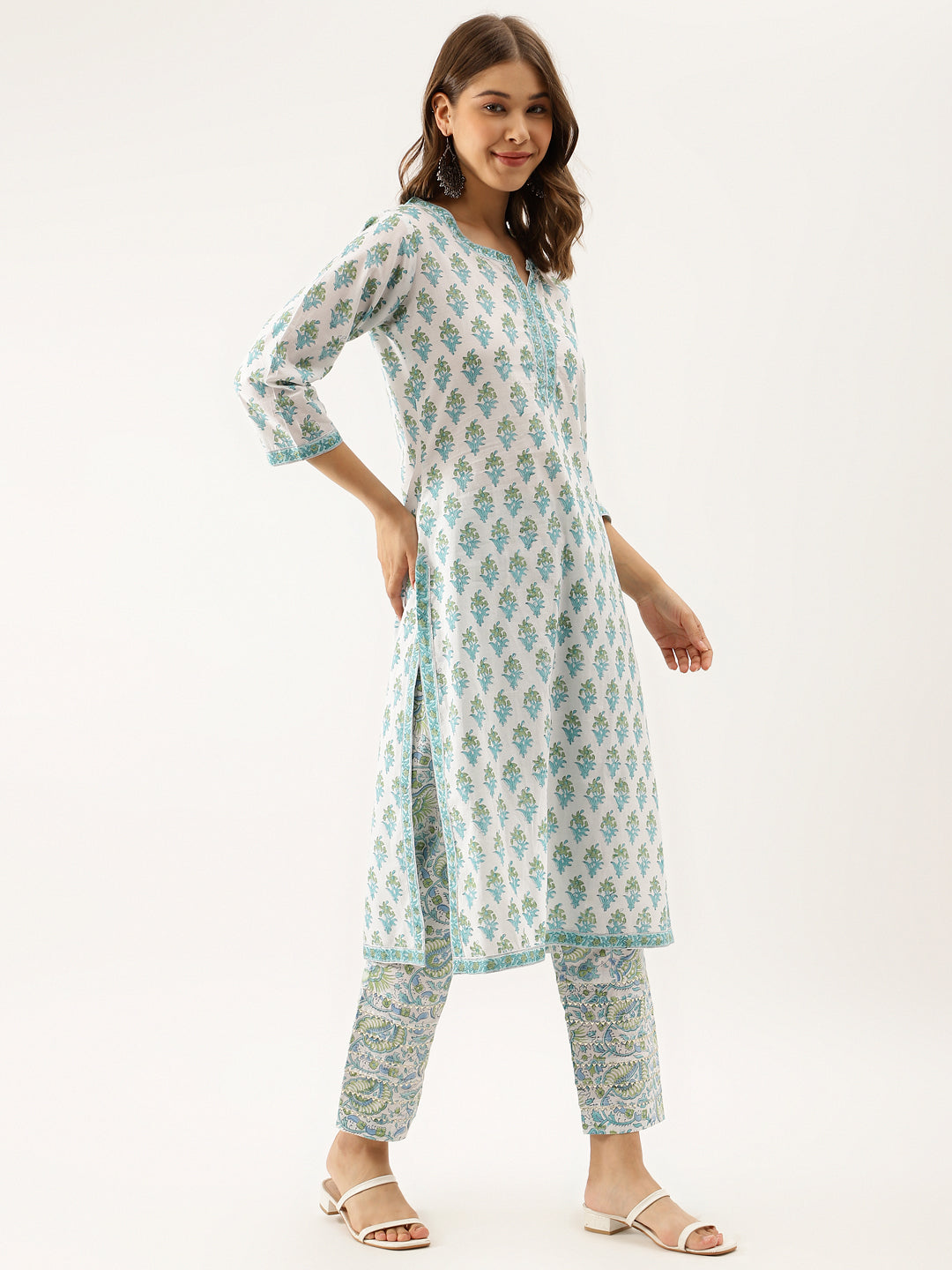 Women White Sea Blue Handblock Floral Printed Cotton Kurta Set With Kota Doria Dupatta | LASVINI - Redefining Indian Fashion with Elegance