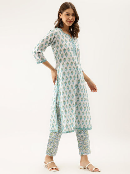 Women White Sea Blue Handblock Floral Printed Cotton Kurta Set With Kota Doria Dupatta | LASVINI - Redefining Indian Fashion with Elegance
